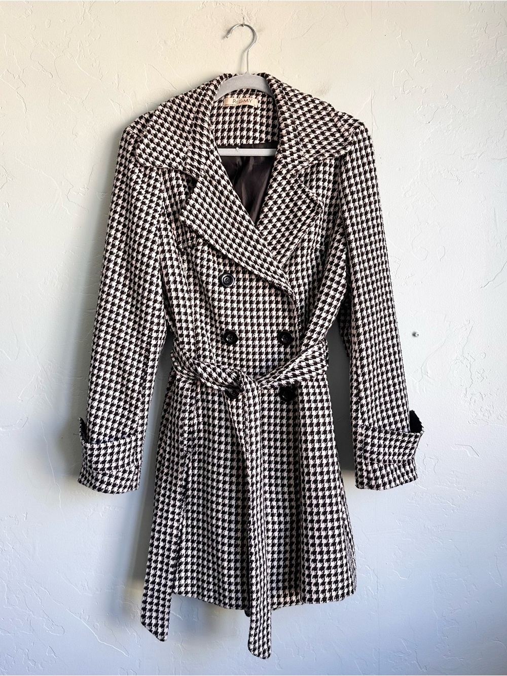 Vintage Romy Black White Wool Blend Houndstooth Trench Coat Size XL Preppy Fall